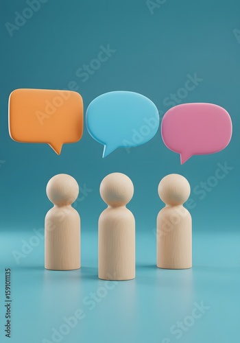 Three wooden figures stand beneath vibrant speech bubbles a blue backdrop, communication, ideas, collaborative discussions. 3D render of three wooden figures standing in front of a blue wall