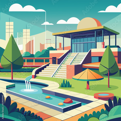 Modern community center with outdoor amphitheater illustration