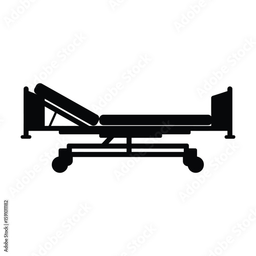 A black silhouette of a hospital bed with adjustable features and wheels, ready for patient care