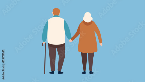 Illustration of a senior couple enjoying a leisurely walk together outdoors