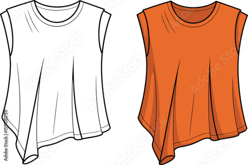 Women's stylish asymmetrical hem sleeveless top flat fashion sketch, versatile feminine apparel technical illustration, comfortable loose-fit design ideal for modern casual wear.