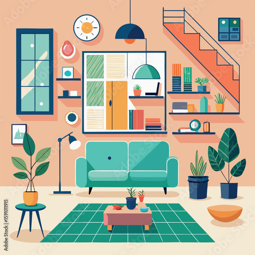 Modern interior design layout with geometric elements and color accents