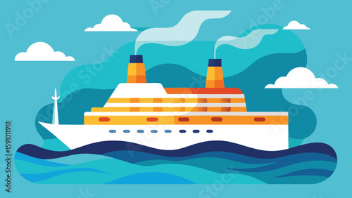 Vector Illustration of a Cruise Ship Sailing on the Ocean with Blue Sky