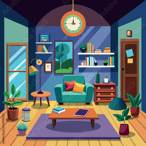 Modern interior room design with geometric accents and furniture