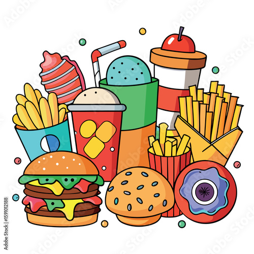 Collection of colorful junk food items on a clean white background