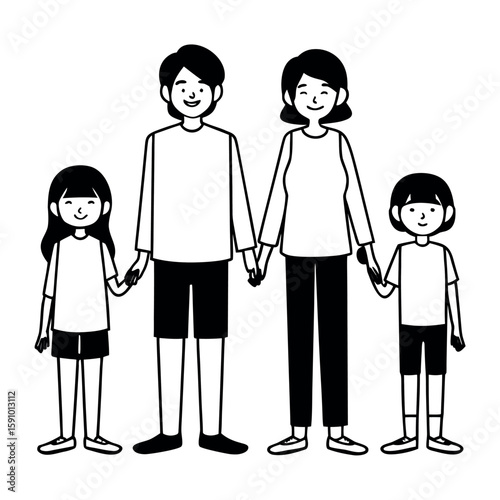 Simple line art illustration of a happy family of four standing together