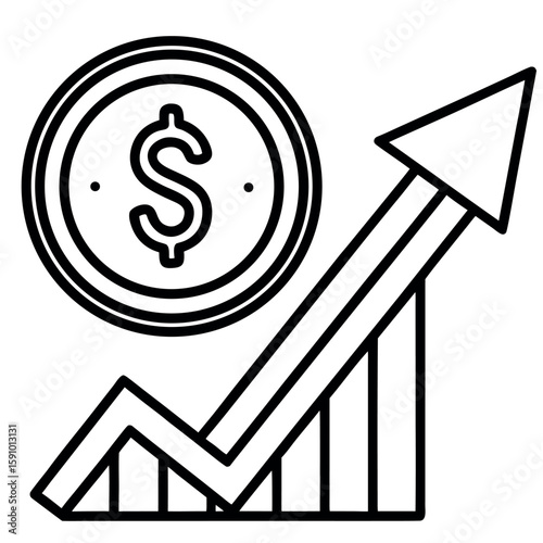 Line art of a dollar coin with an upward arrow indicating growth