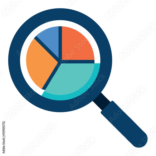 Magnifying glass inspecting a colorful pie chart on a white background