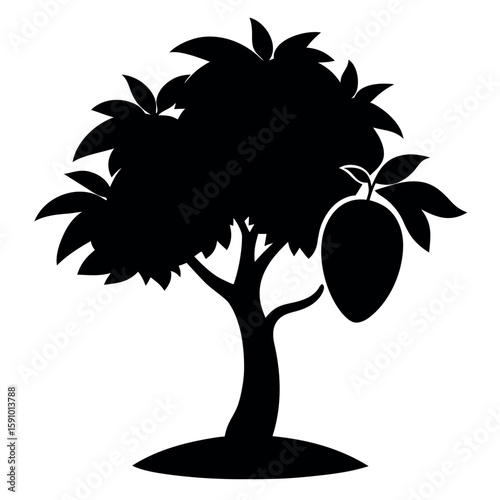 Black silhouette of a mango tree on a white background