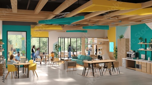 Fototapeta Naklejka Na Ścianę i Meble -  A modern, vibrant office space with a communal area.