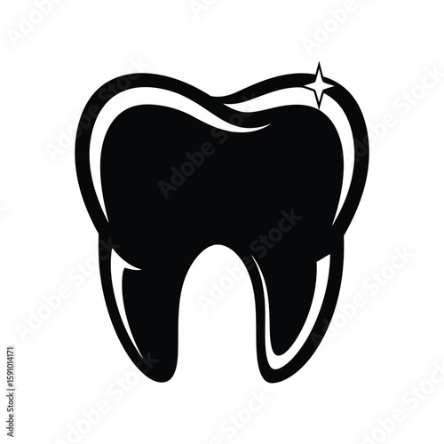 A shiny black silhouette of a tooth with a sparkle, symbolizing clean and healthy teeth