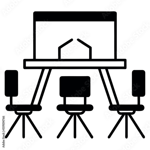 Minimalist line icon of a conference table with chairs for business meetings
