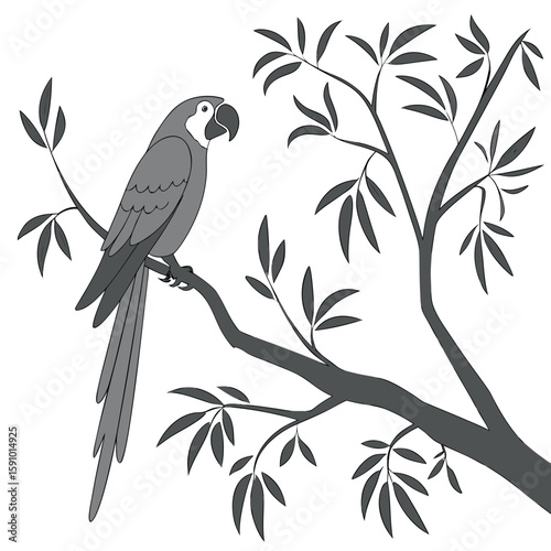 Minimalist monochrome parrot perched on a branch illustration