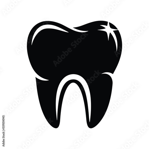 A solid black silhouette of a healthy, shiny tooth with a sparkle, symbolizing excellent dental care