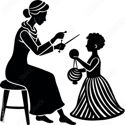 Mother teaching child knitting silhouette family bonding activity