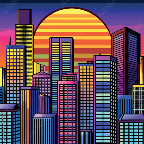 Sunset silhouette of towering skyscrapers in a modern city skyline