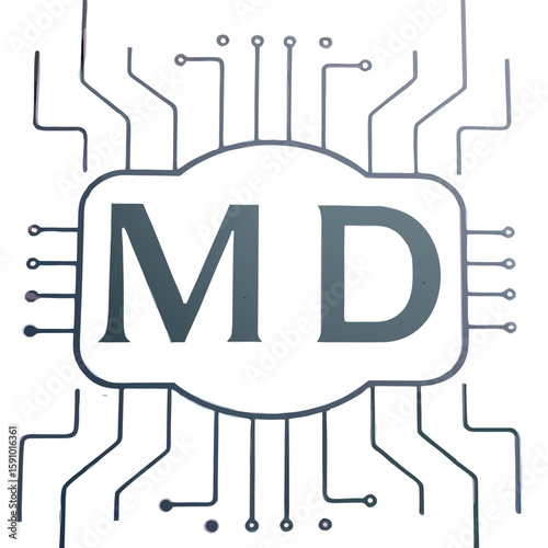 Abstract geometric design featuring stylized letters m and d with line art