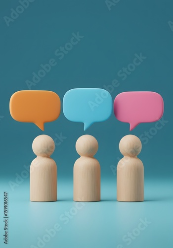 collaborative discussions. 3D render of three wooden figures standing in front of a blue wall, Three wooden figures stand beneath vibrant speech bubbles a blue backdrop, communication, ideas