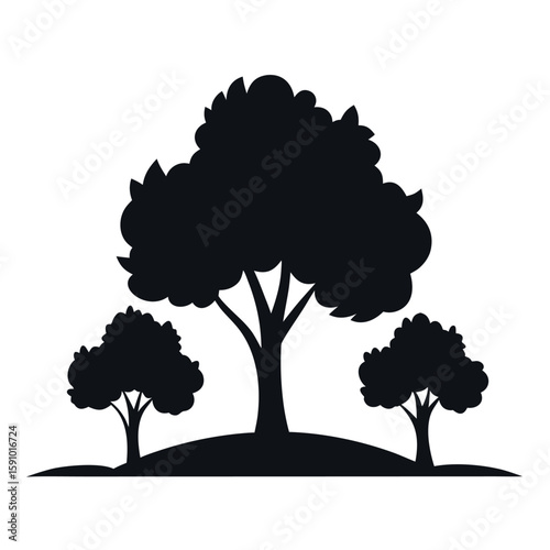Silhouette of a treeline with various trees against a white background