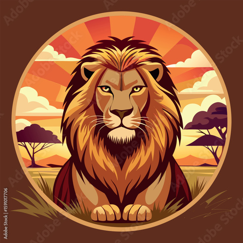 Majestic lion with radiant sunburst graphic illustration