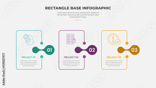 rectangle shape infographic outline style with 3 point template with round box with fluid or liquid circle shape badge on middle for slide presentation