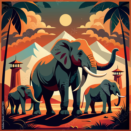 Vintage illustration of an elephant isolated on a white background