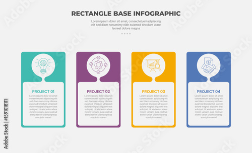 rectangle shape infographic outline style with 4 point template with round vertical box with circle fluid liquid on top for slide presentation