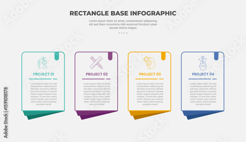 rectangle shape infographic outline style with 4 point template with simple round box with folding paper layer for slide presentation