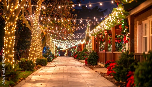 Festive Christmas street lights pathway.