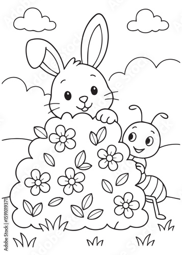 Coloring book bunny hiding behind flowers with an ant peeking. Cute garden scene for kids.