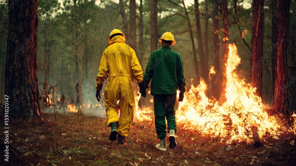 Naklejka premium Two individuals in protective clothing walking through a forest fire.