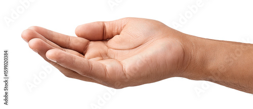 A right hand is extended with fingers slightly curved, palm facing up, as if ready to hold or receive an object.