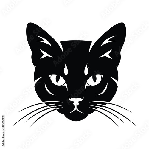 A mysterious black cat head illustration, isolated on a white background, with piercing eyes and delicate whiskers