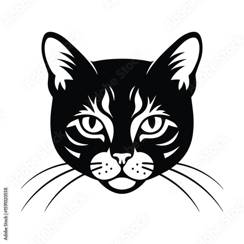 A mysterious black cat head illustration, isolated on a white background, with piercing eyes and delicate whiskers