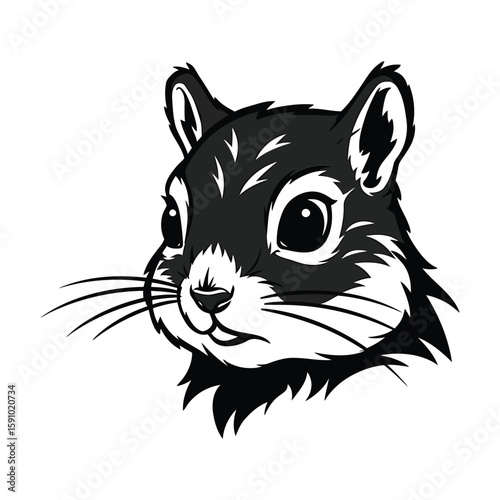 A detailed black and white sketch of a squirrels head, showcasing its expressive eyes and whiskers