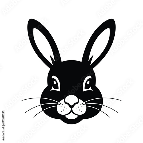 A black and white illustration of a rabbits head, isolated on a white background