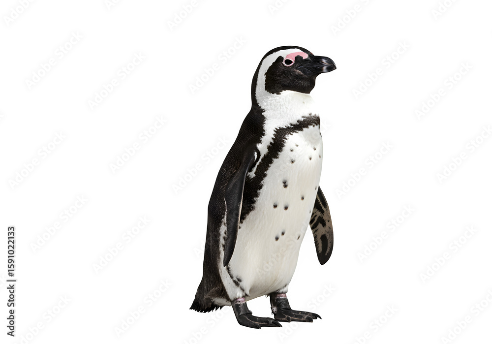 Fototapeta premium African penguin standing upright with black and white plumage and distinctive facial markings, isolated on white or transparent background. PNG