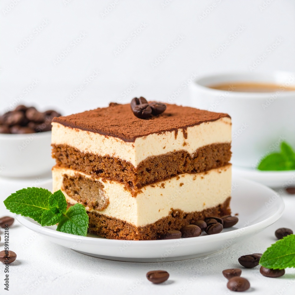Tiramisu Cake with Coffee Beans and a Cup Tiramisu Cake with Coffee Beans and a Cup