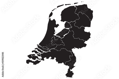 Black and white map vector of the Netherlands with regional outlines for professional design