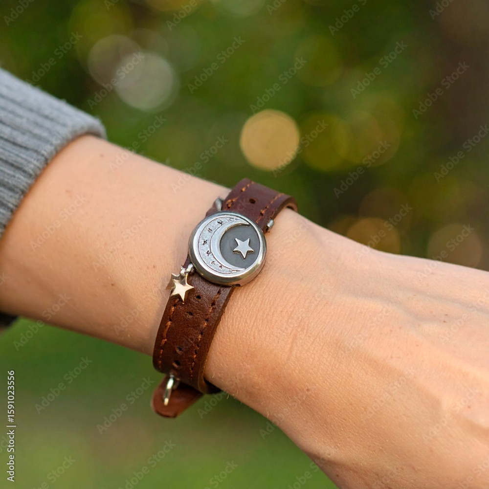 Fototapeta premium Woman's hand wearing a modern leather watch