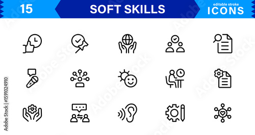 Soft Skills Icon Set Featuring Communication, Teamwork, Leadership, and Emotional Intelligence in Clean Vector Style