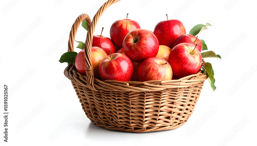 Red Apples in Brown Wicker Basket on White Background Red Apples in Brown Wicker Basket on White Background