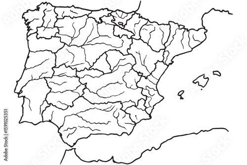 Spain map vector illustration with provinces outlined, editable vector lines for design, geography, and educational use.