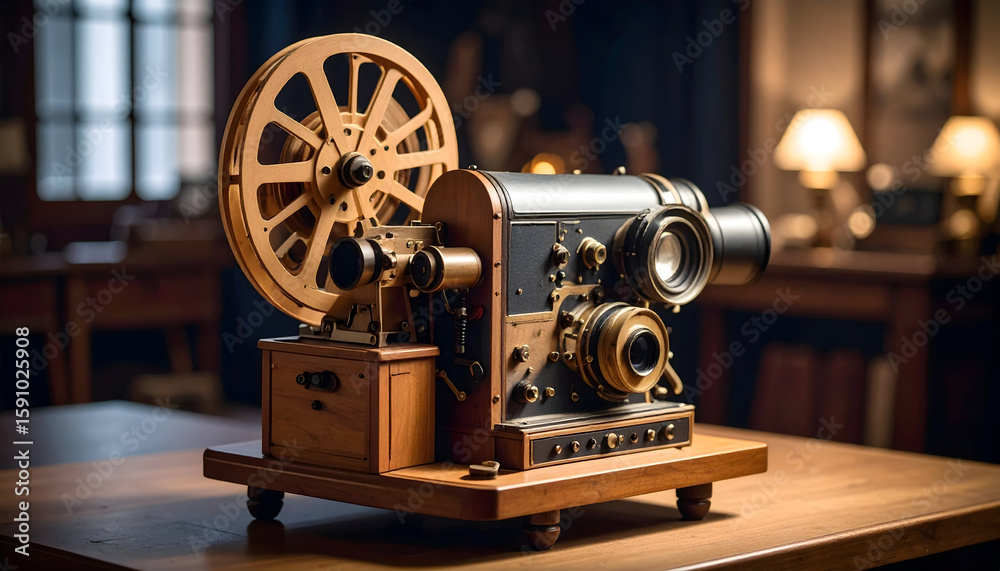Fototapeta premium Antique Movie Projector on Wooden Table