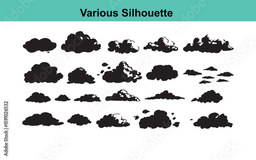 Cloud Silhouette Vector Set: Diverse Collection of Black and White Cloud Shapes for Graphic Design and Weather Illustrations