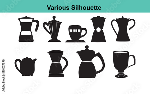 Various Silhouette: Black and White Vector Graphics of Coffee Makers, Moka Pots, Teapots, and Coffee Cups for Design and Illustration Projects