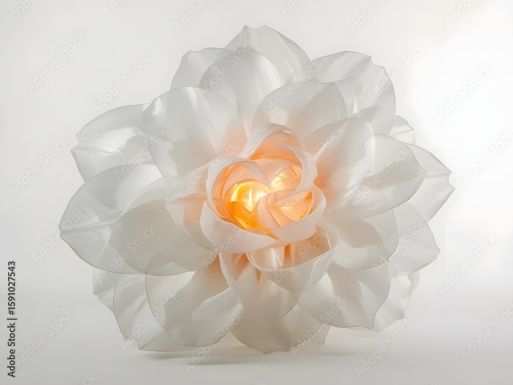 Obraz premium Delicate white flower-shaped lamp with soft glowing light in the center, creating a peaceful and elegant atmosphere for spa, interior design, meditation spaces, or minimalist home decor backgrounds
