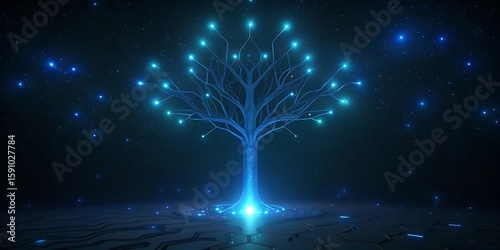A luminous blue tree of light and particles glows in the starry night sky.