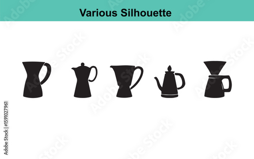 Black Silhouette Vector Art of Various Coffee Makers: Moka Pot, Pour Over, and Carafe Illustrations for Graphic Design Projects