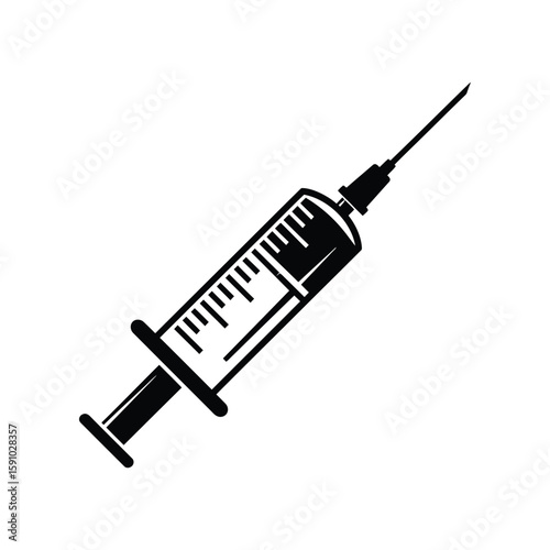 A black syringe is isolated on white background, representing vaccination, medical injections, and healthcare treatments for patients
